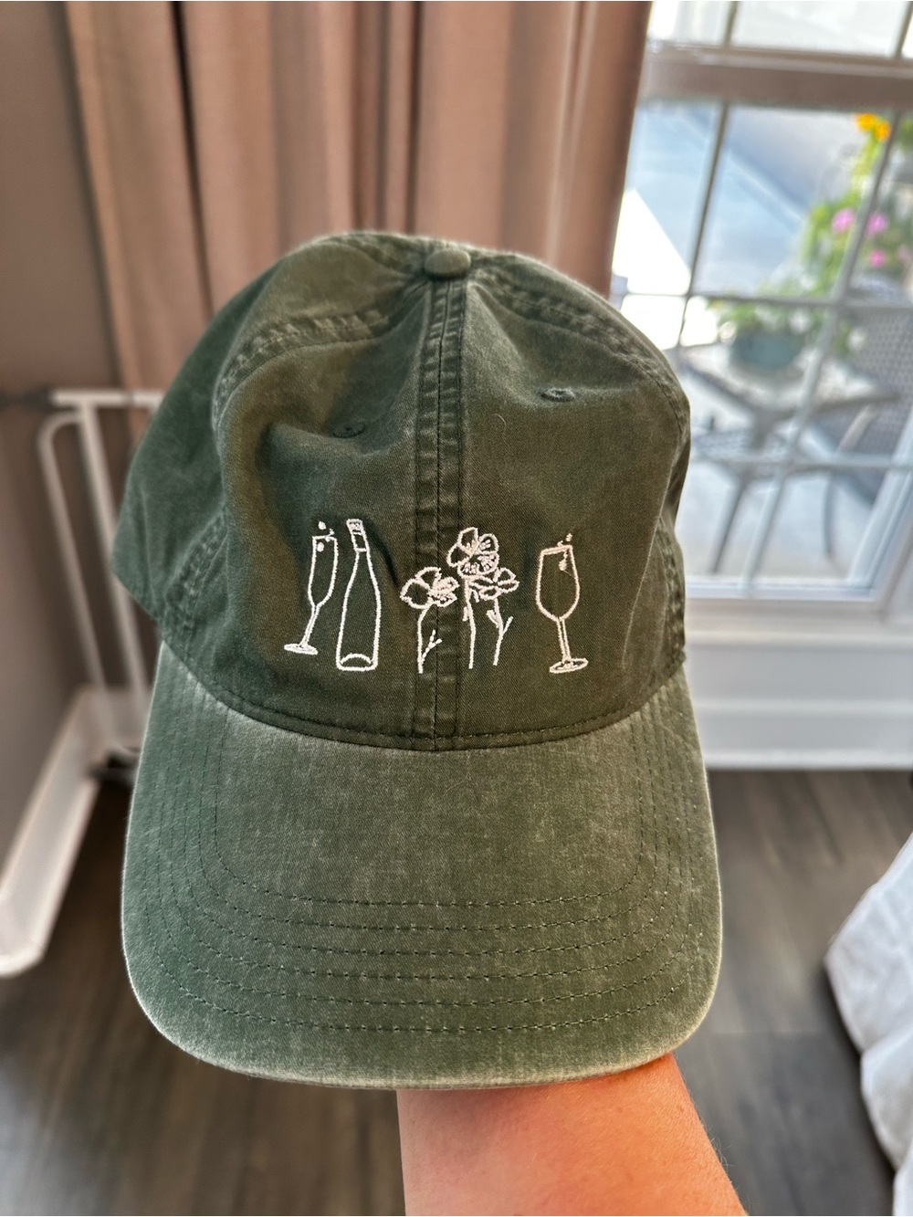 Fahrenheit Olive Green Embroidered Wine & Flowers Baseball Cap